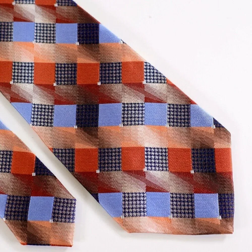 Van Heusen‎ Orange Blue Woven Check Plaid Lyocell Silk Tie